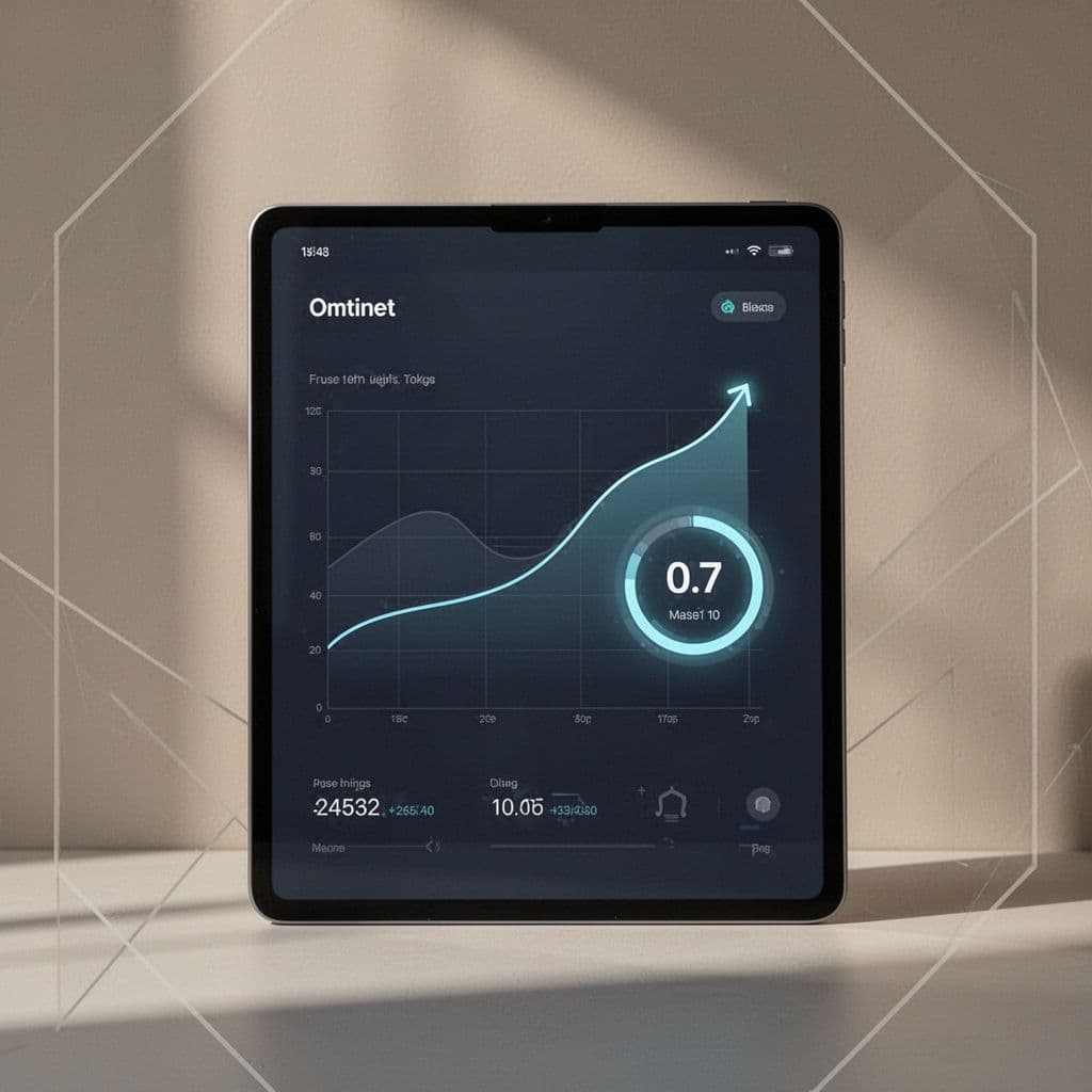 A modern tablet displays a minimalist upward trending graph and a countdown timer against a neutral background.