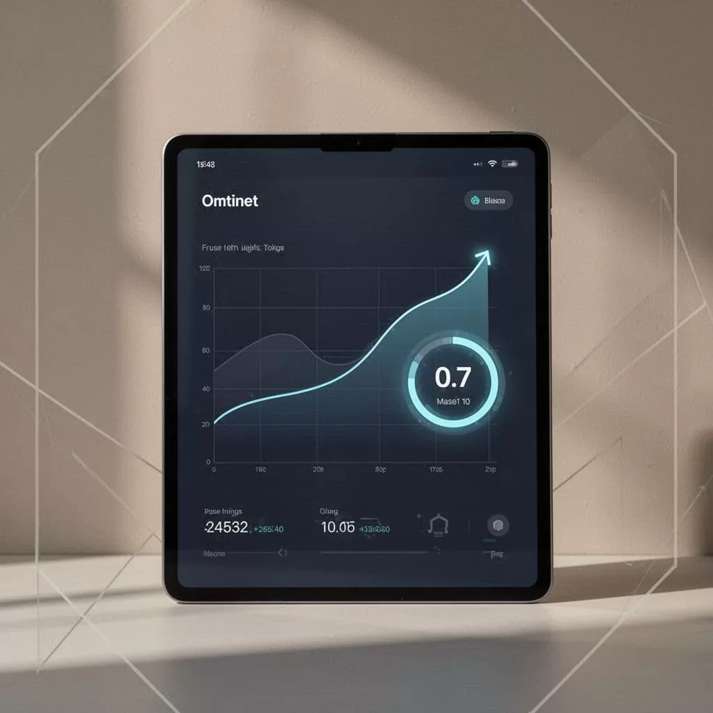 A modern tablet displays a minimalist upward trending graph and a countdown timer against a neutral background.
