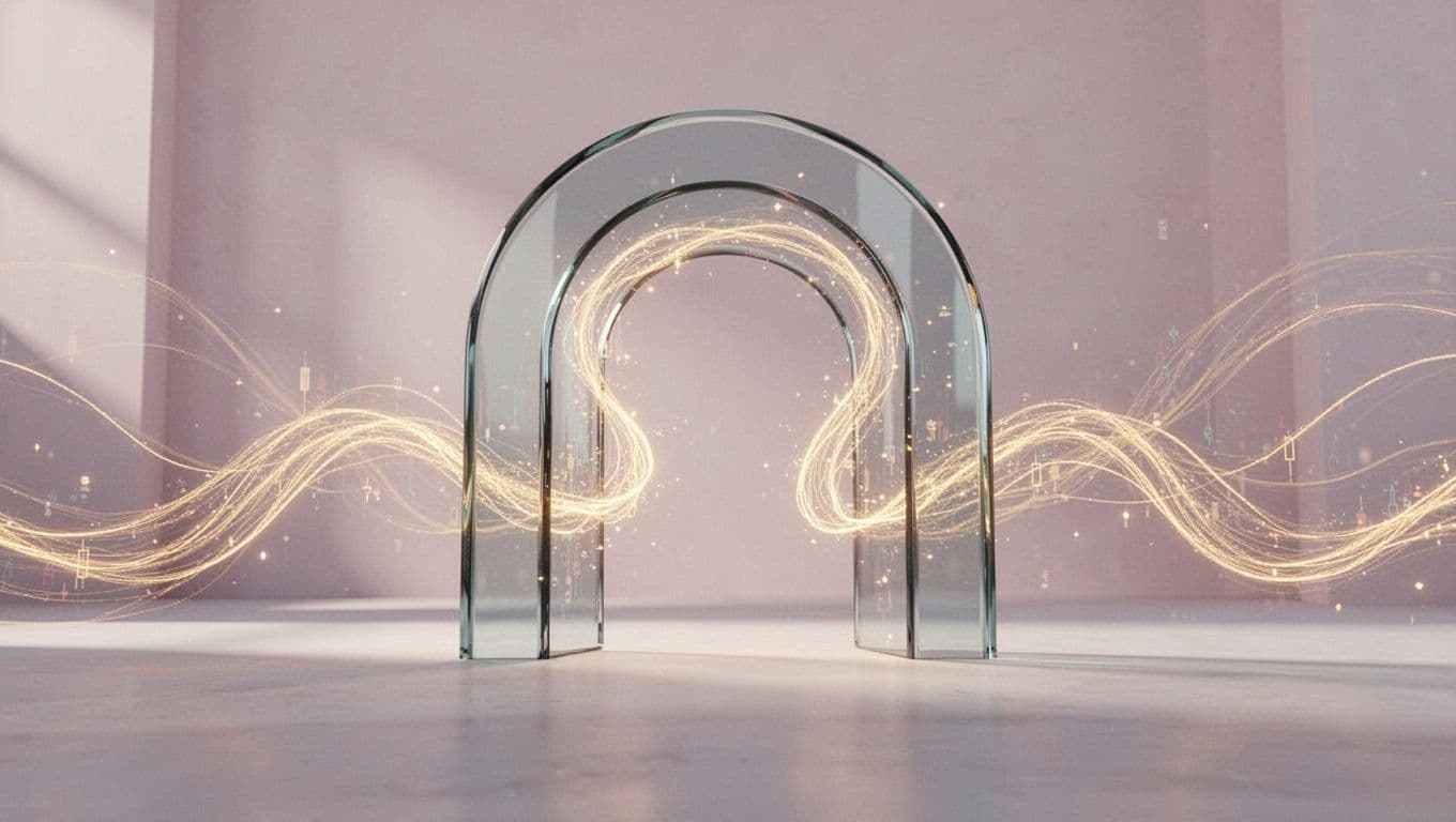 Abstract shapes representing data streams passing through a stylized financial gateway.