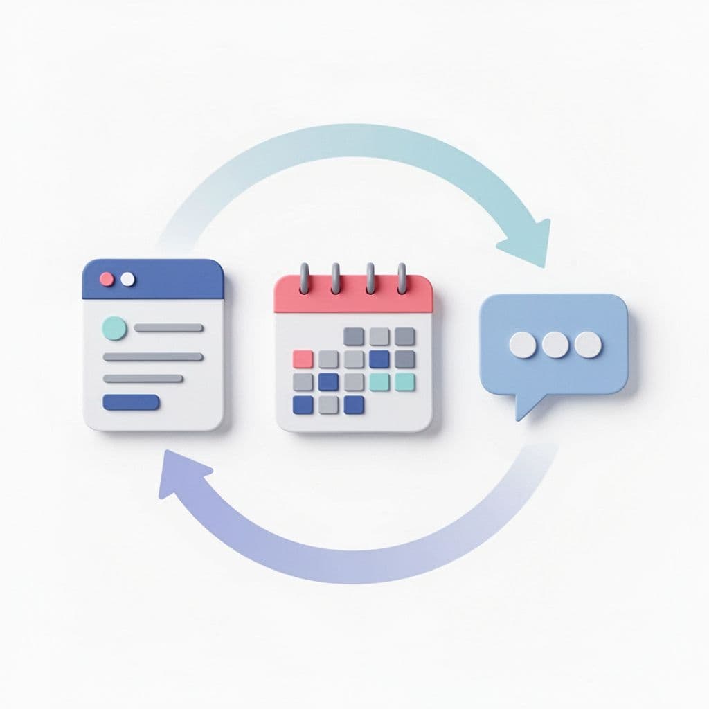 A modern graphic illustrating a cyclical booking workflow with interconnected icons for forms, calendars, and messaging.
