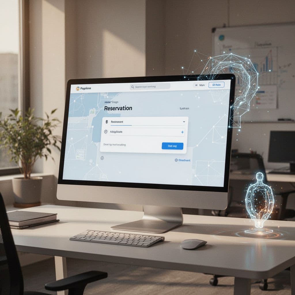 A sleek digital desk features a floating assistant icon in a warm, professional office environment.