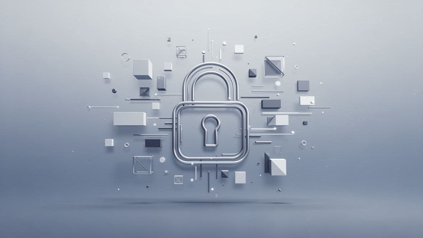 A minimalist digital lock icon is surrounded by abstract geometric fragments representing structured data.