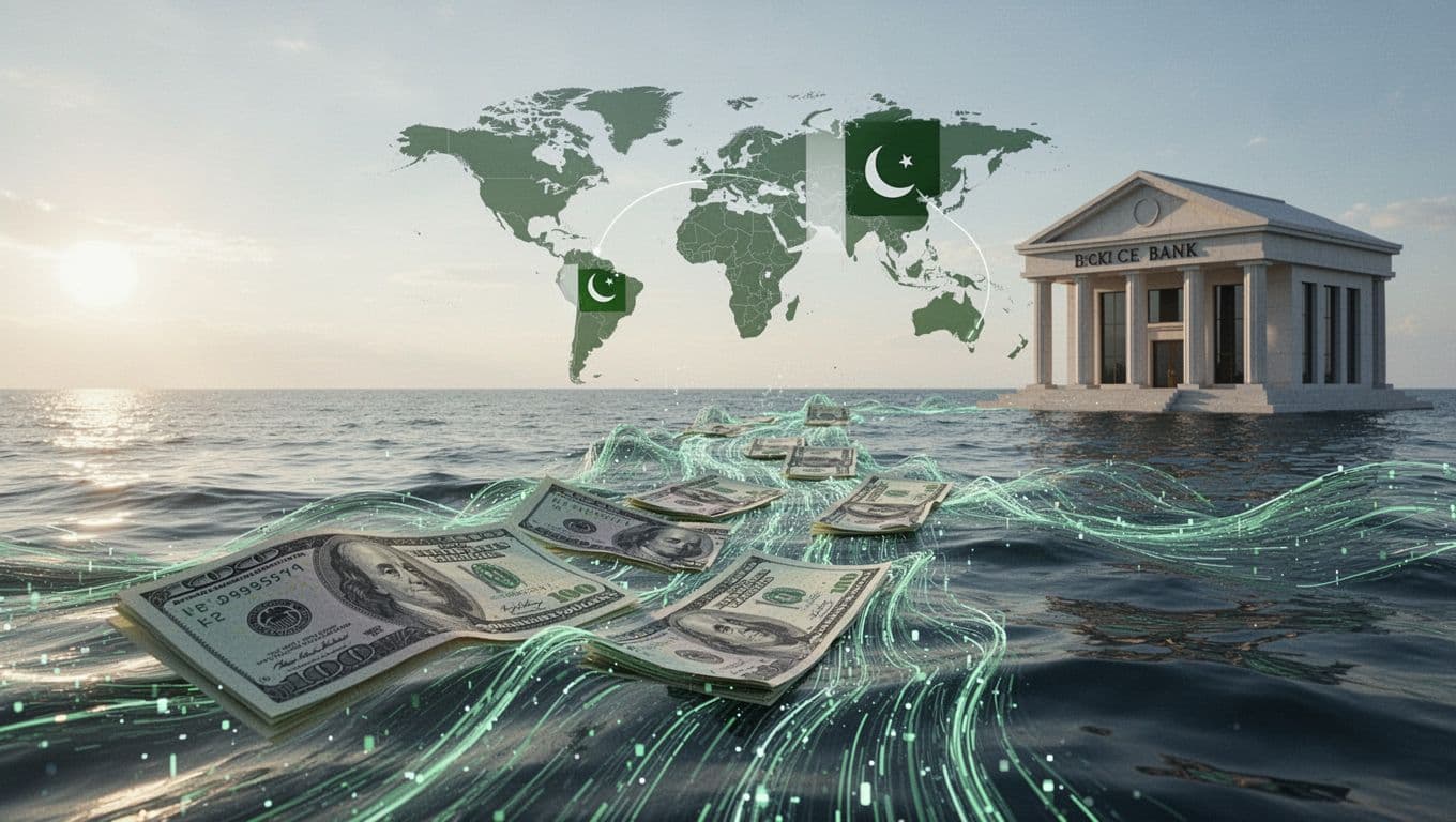 Currency notes transform into digital waves crossing ocean to Pakistani bank with US-Pakistan map outline.