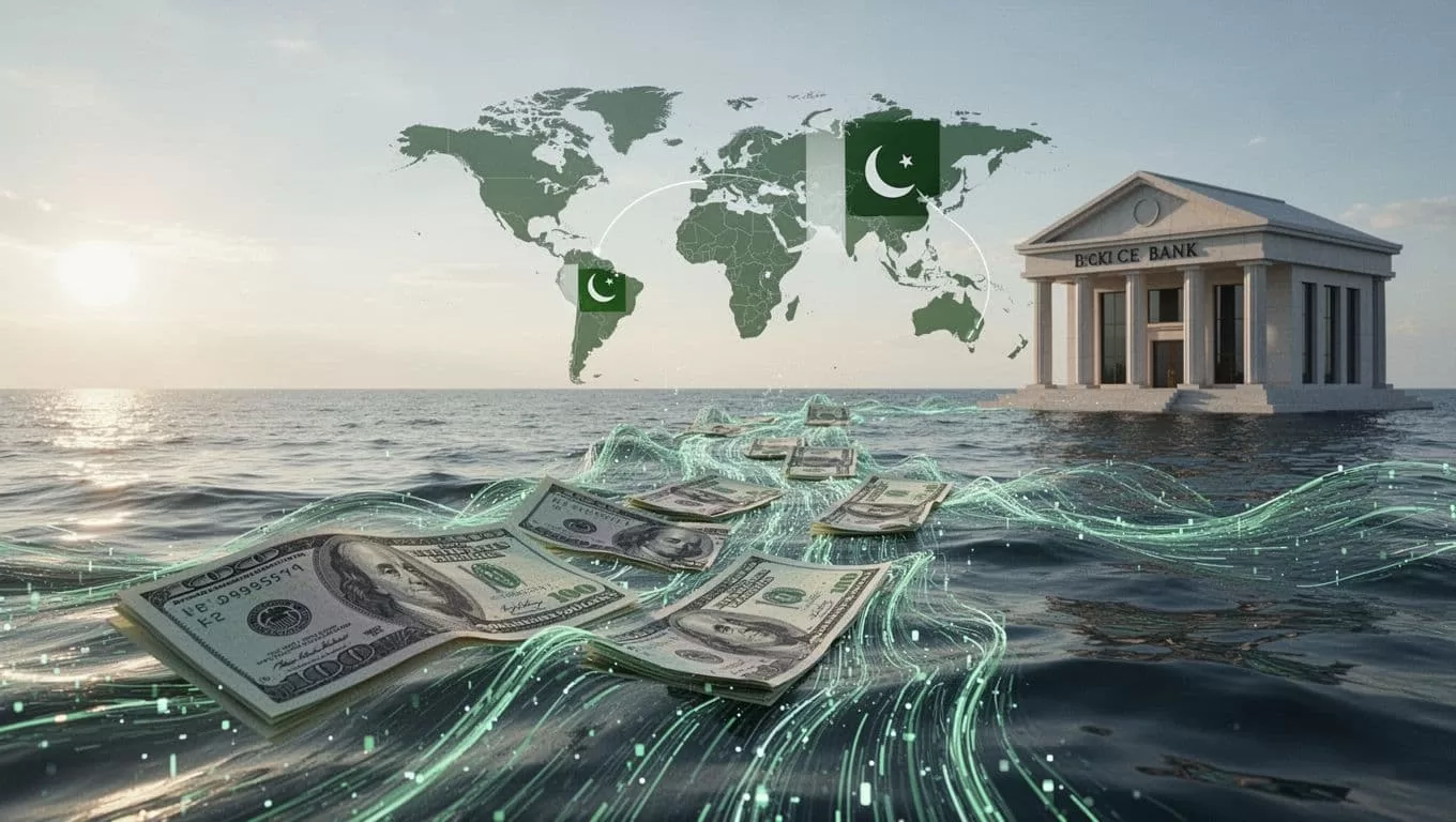 Currency notes transform into digital waves crossing ocean to Pakistani bank with US-Pakistan map outline.