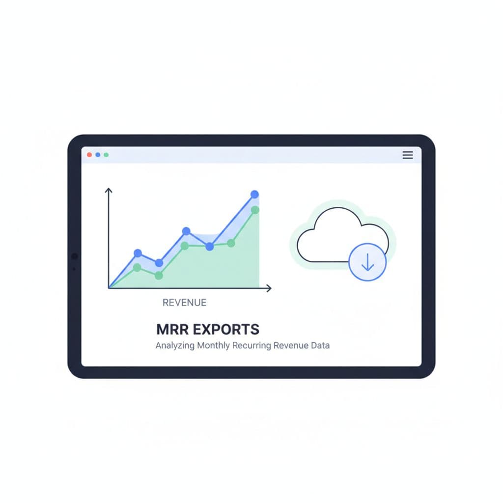 A flat-design tablet screen displays a rising revenue graph with cloud and download icons.