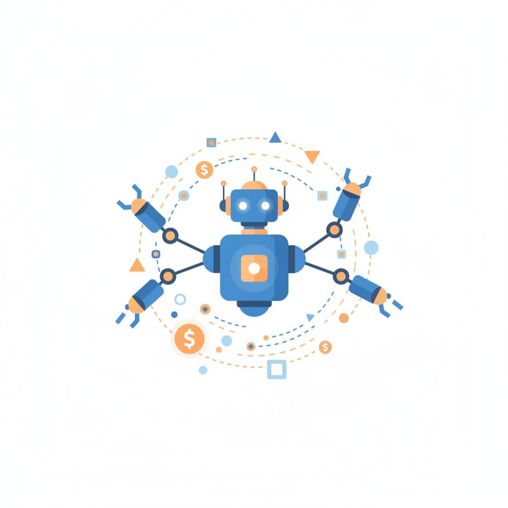 A flat vector illustration of a robot agent connecting with geometric data nodes in blue and orange.