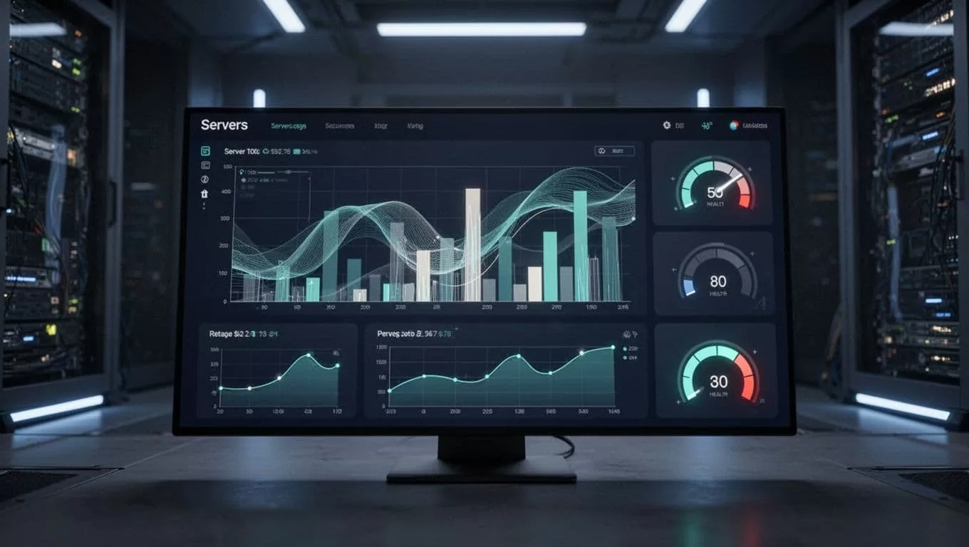 A sleek graphical dashboard features illuminated teal data bars, circular health gauges, and rising trend charts against a deep blue background. These abstract elements illustrate real-time system performance and server activity.