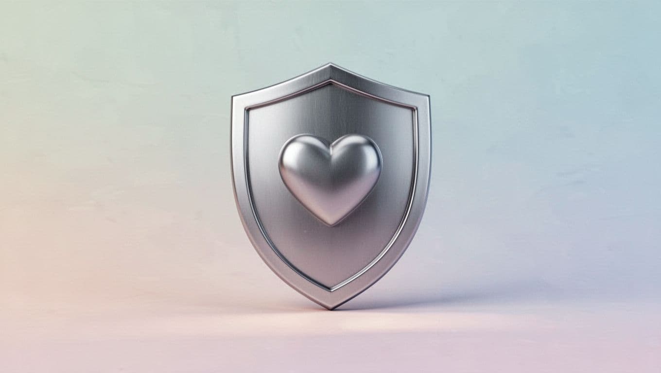 Clean illustration of a digital shield containing a heart on a soft background.