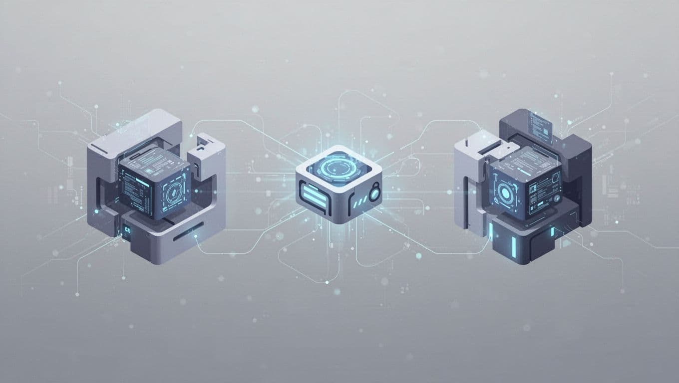 Two distinct geometric shapes representing digital systems are linked by a central automated node. Minimalist blue and gray forms sit on a neutral background, illustrating complex software integration and controlled data flow.