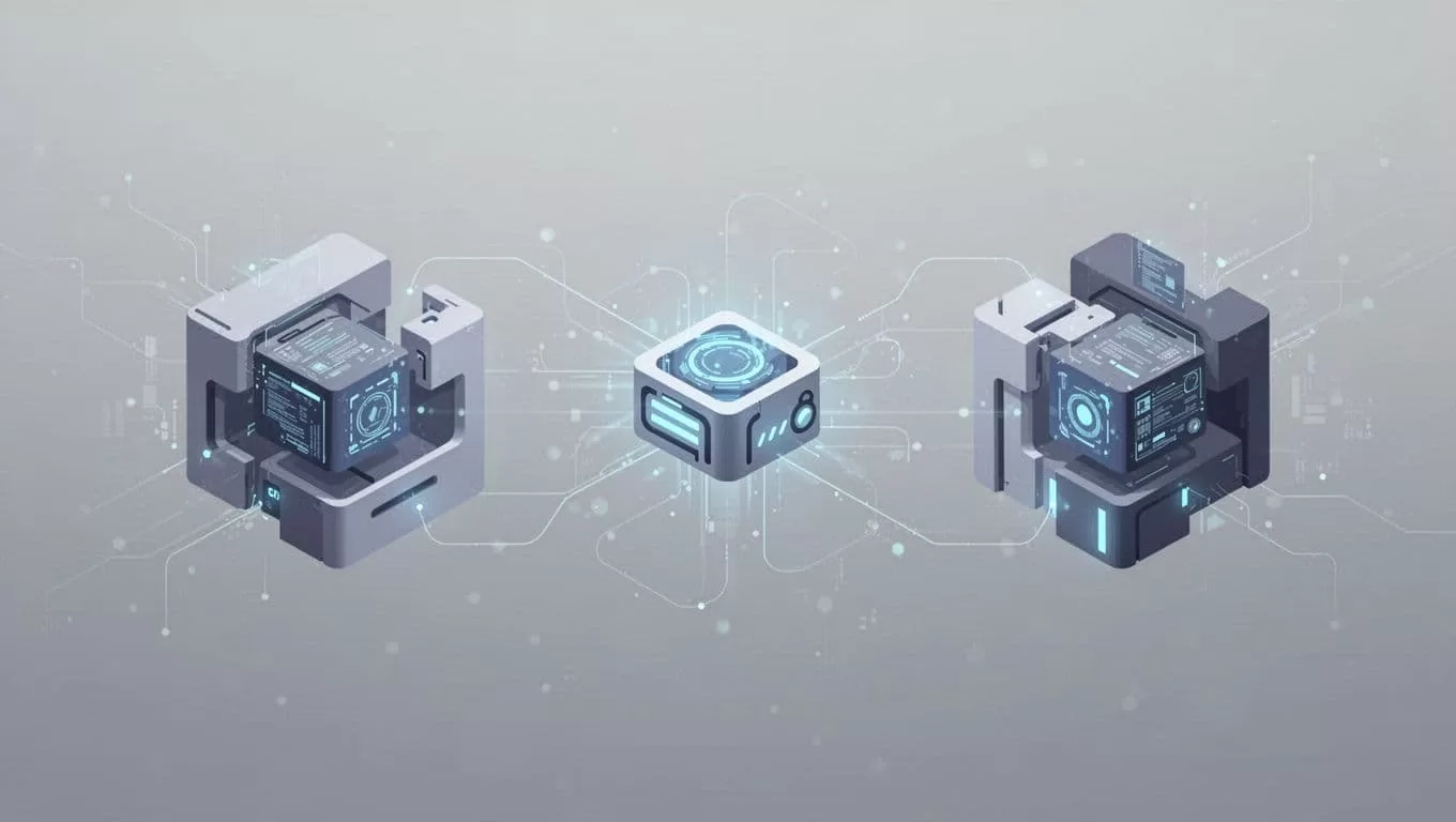 Two distinct geometric shapes representing digital systems are linked by a central automated node. Minimalist blue and gray forms sit on a neutral background, illustrating complex software integration and controlled data flow.