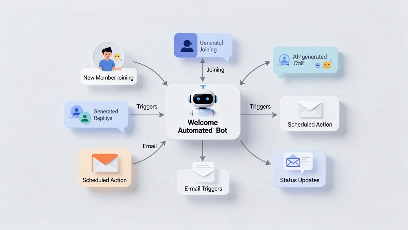 Abstract flowchart of Discord server automation with bot welcome message, arrows to new member join, AI response, schedule, email, and status triggers.