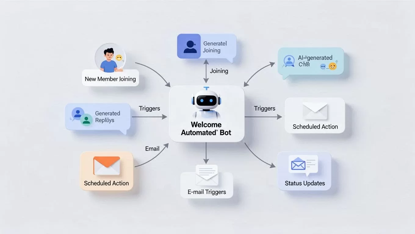 Abstract flowchart of Discord server automation with bot welcome message, arrows to new member join, AI response, schedule, email, and status triggers.