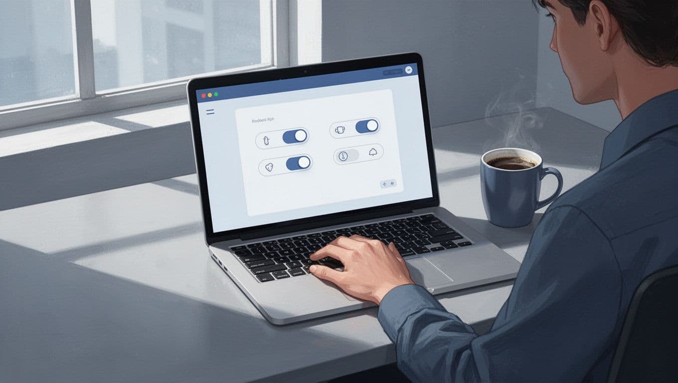 Laptop screen shows Discord channel setup interface with auto-post options, hand on keyboard, coffee mug on desk.