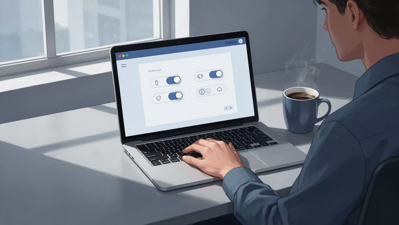 Laptop screen shows Discord channel setup interface with auto-post options, hand on keyboard, coffee mug on desk.