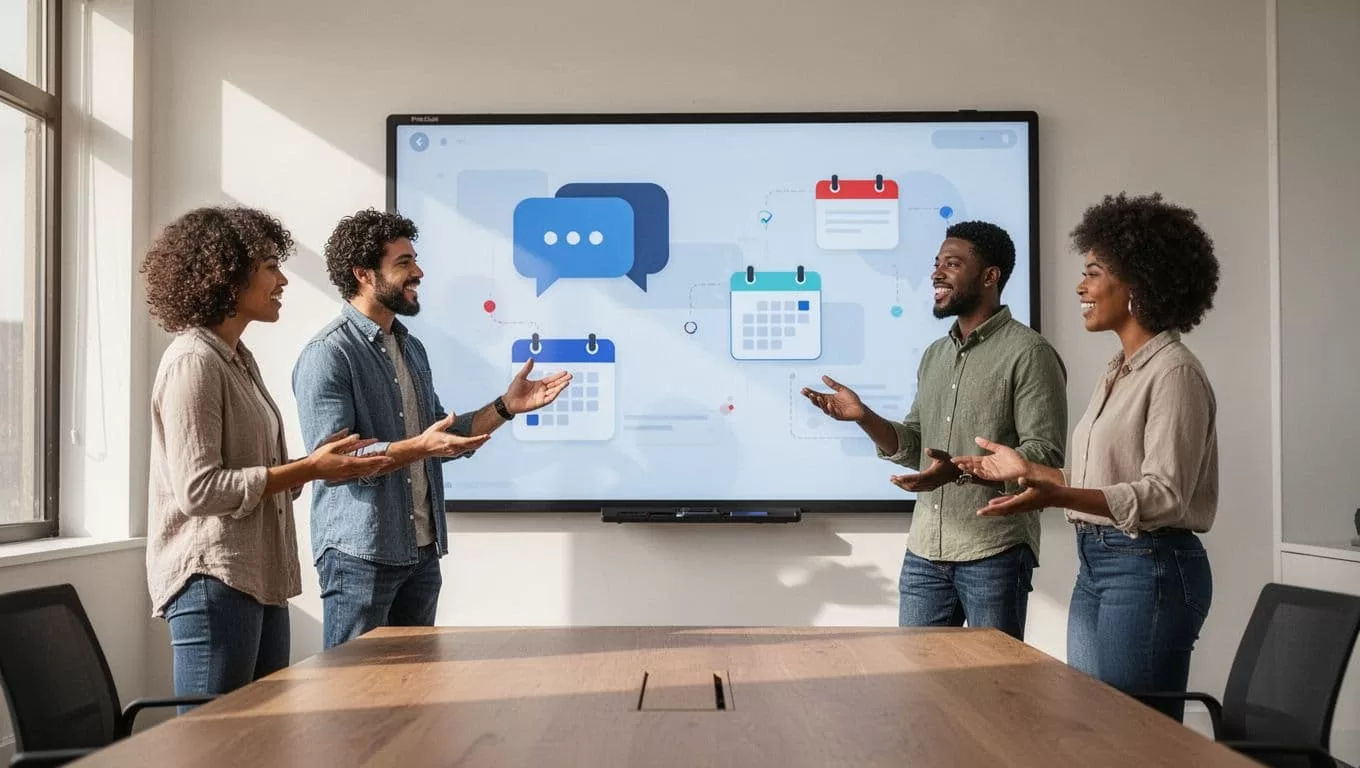 Three diverse community members engage in virtual discussion around a shared digital whiteboard with chat bubbles and calendar icons in a modern conference room.