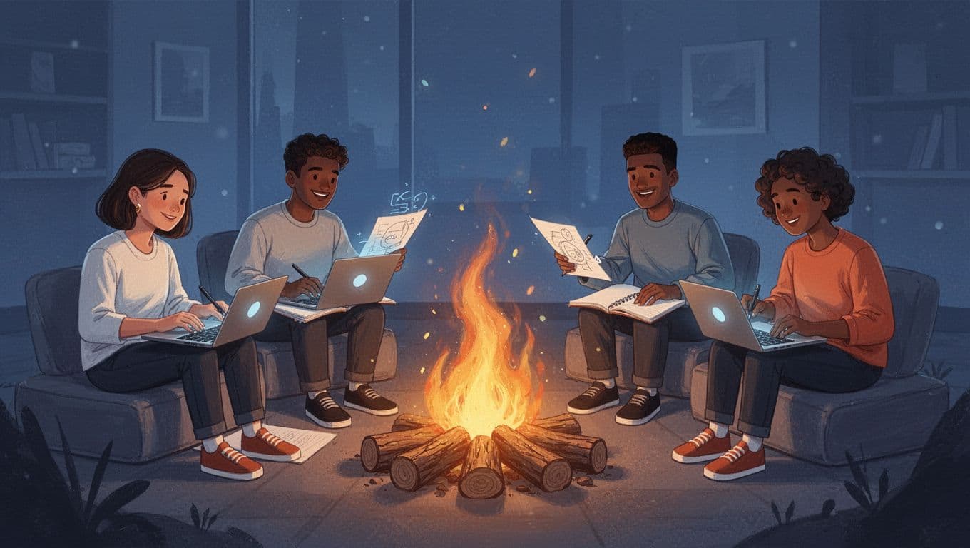 Five diverse creators gather around a central digital campfire, sharing ideas on laptops and notebooks in a cozy virtual space.