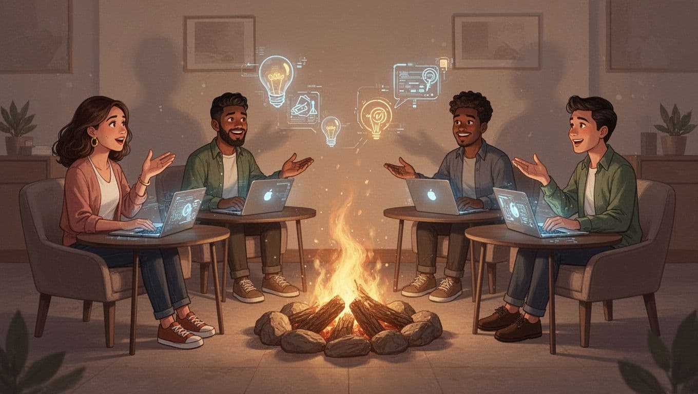Four diverse entrepreneurs sit around a glowing digital campfire in a cozy virtual space, animatedly discussing with open laptops.