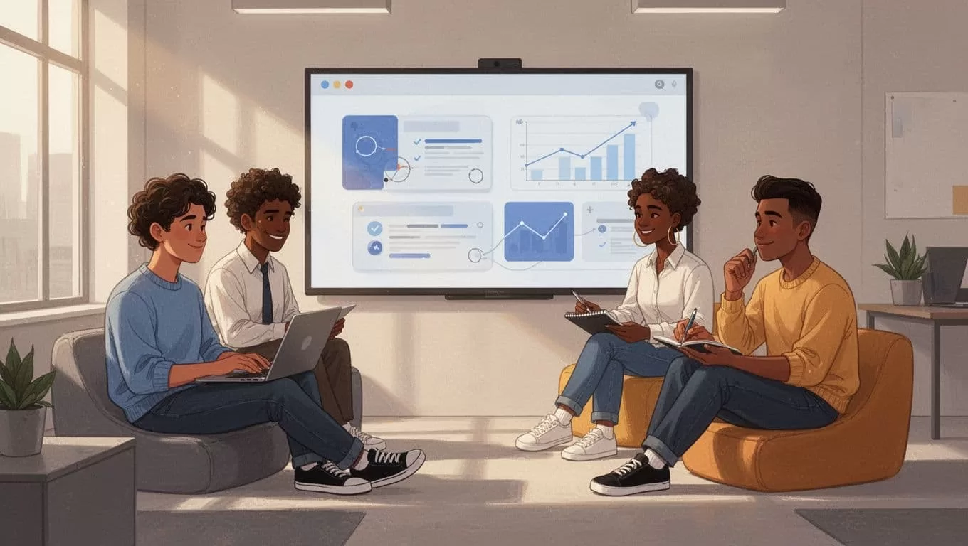 Three diverse people relax around a shared screen in a virtual community room, one with laptop, one with notepad.