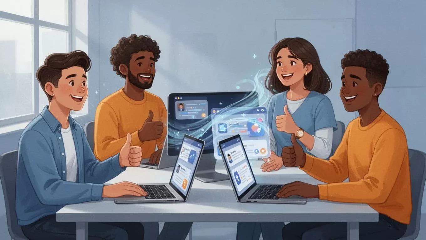 Four diverse community members chat around shared screens showing virtual Skool feed with speech bubbles and thumbs up.