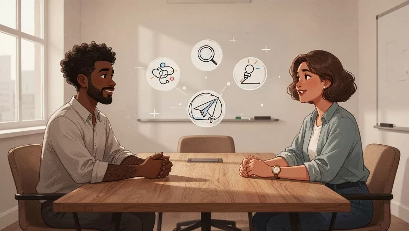 Five diverse engaged people around a table with floating Skool icons in cozy conference room.