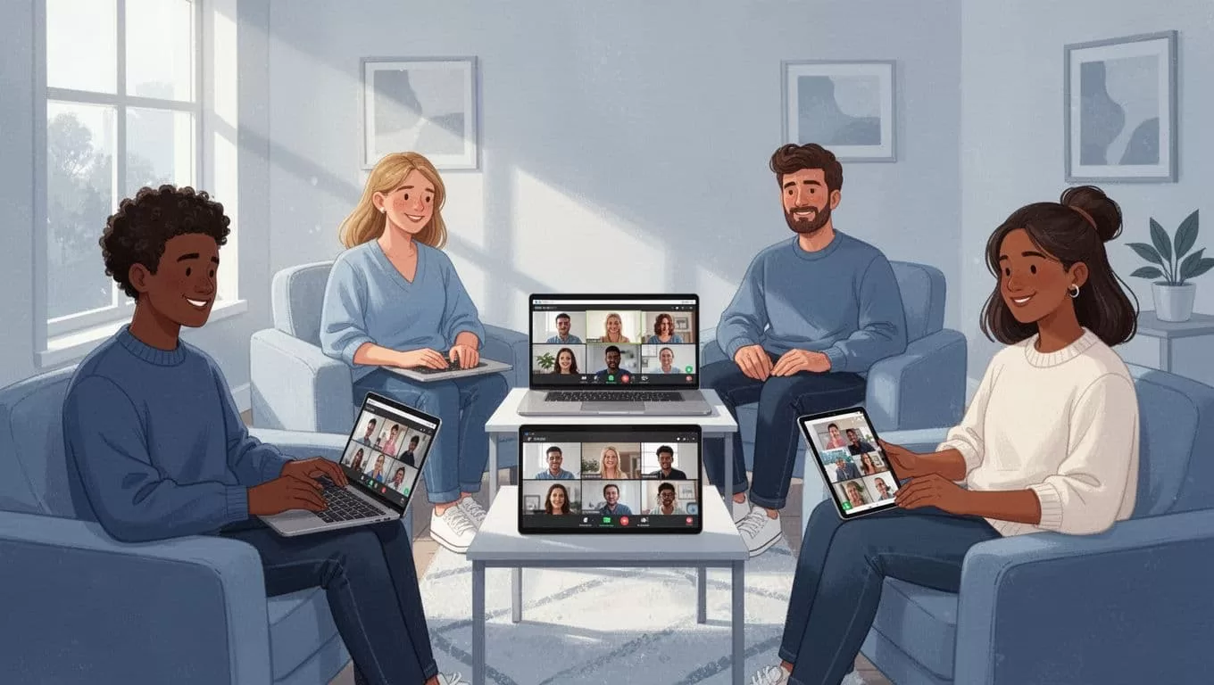 Four diverse people in casual home settings join virtual community meeting on two laptops and one tablet, relaxed expressions.