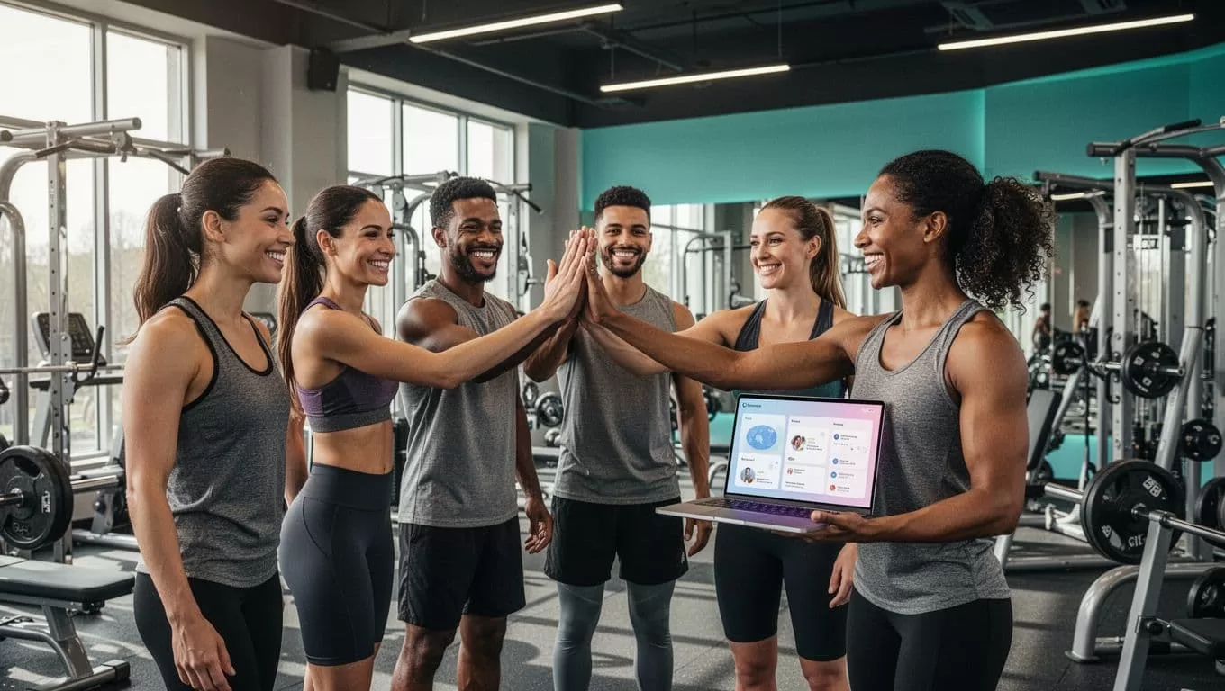 Five fit diverse people high-five in gym after workout, one holds laptop showing dashboard.