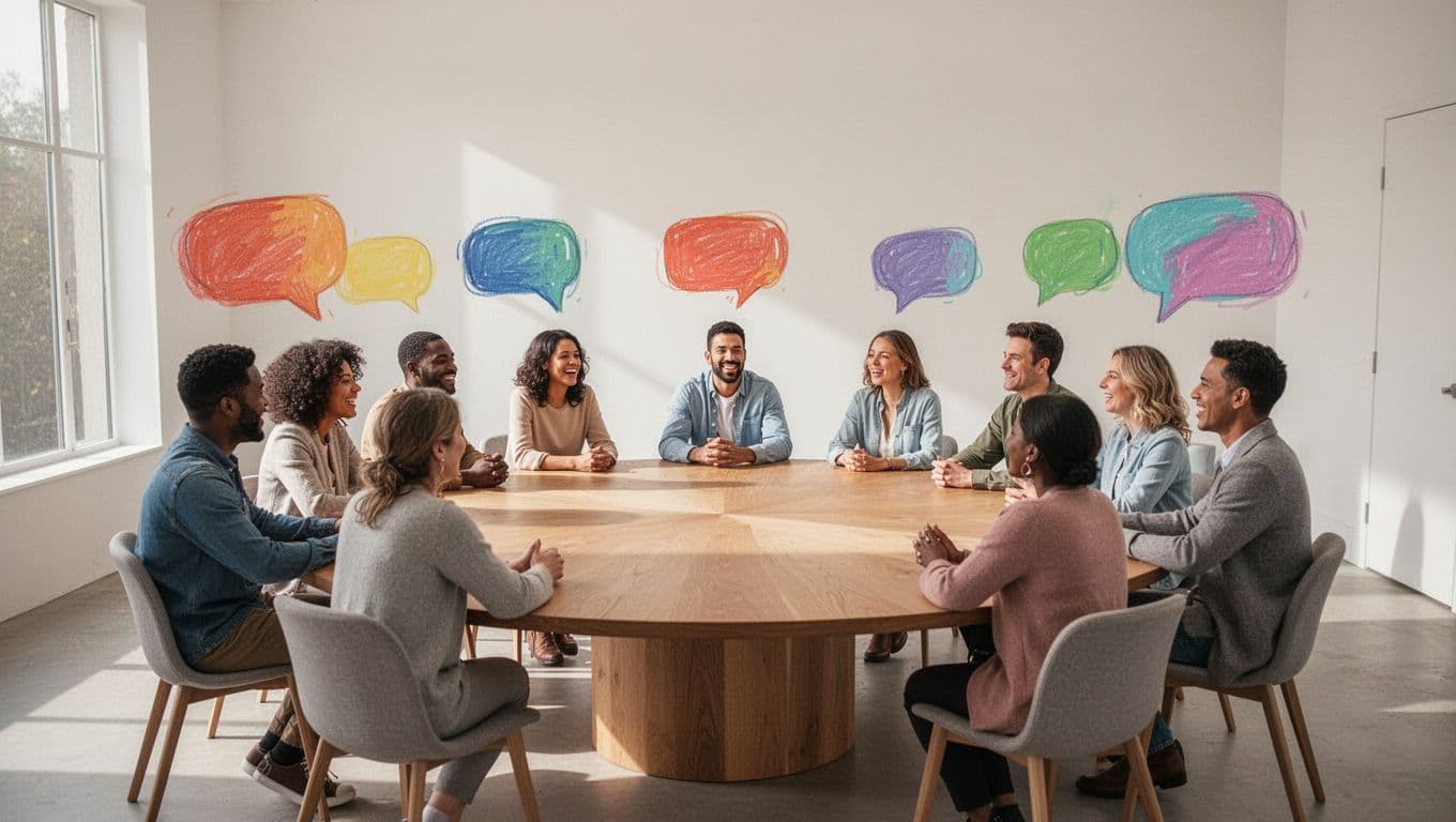 Diverse people sit around a circular wooden table in a bright minimalist space with abstract speech bubbles of various alphabets above.