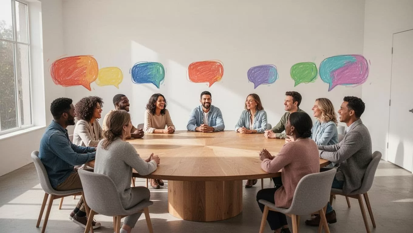 Diverse people sit around a circular wooden table in a bright minimalist space with abstract speech bubbles of various alphabets above.