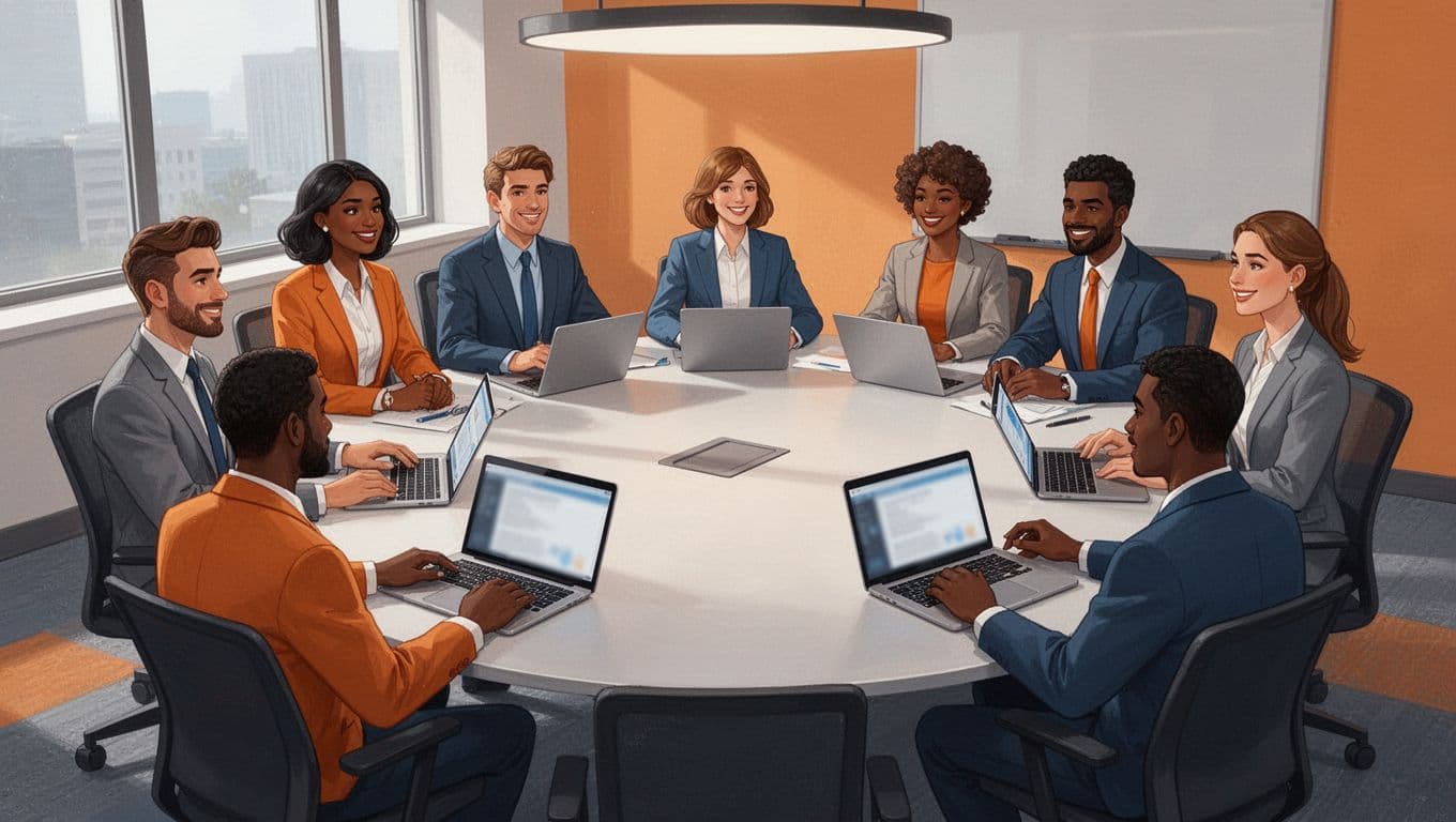 Five diverse professionals discuss around a round table in a modern conference room with open laptops.