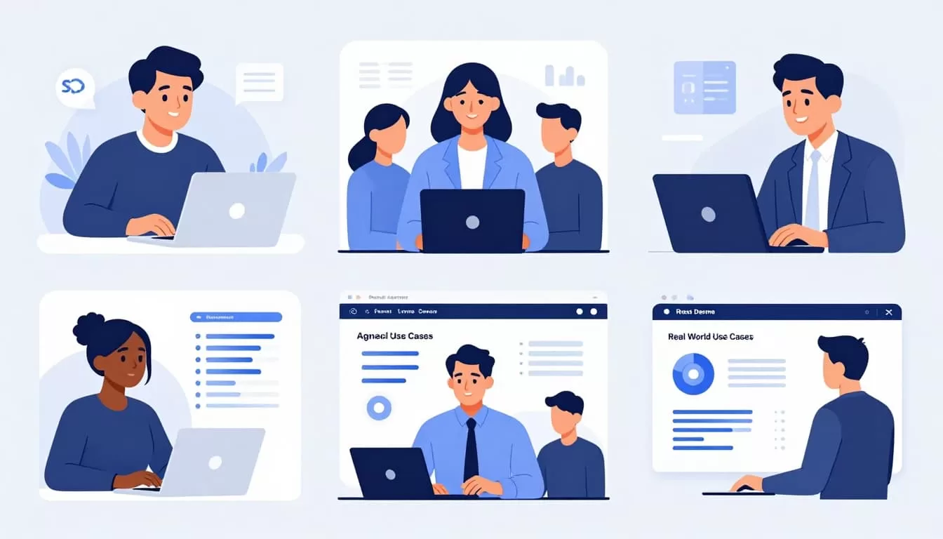 Four diverse professionals use lead gen software happily in separate office vignettes.