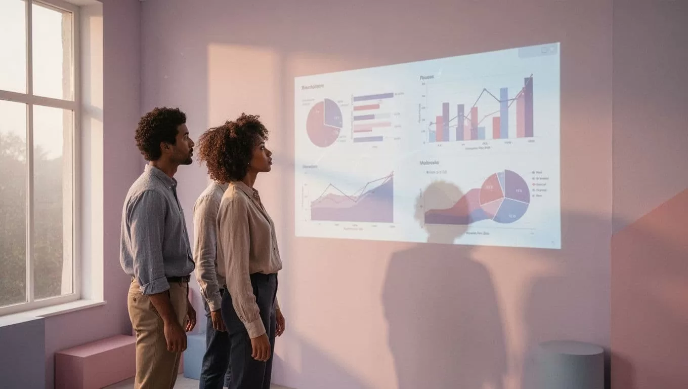 Three professionals stand together observing a clean digital interface projected on a wall.