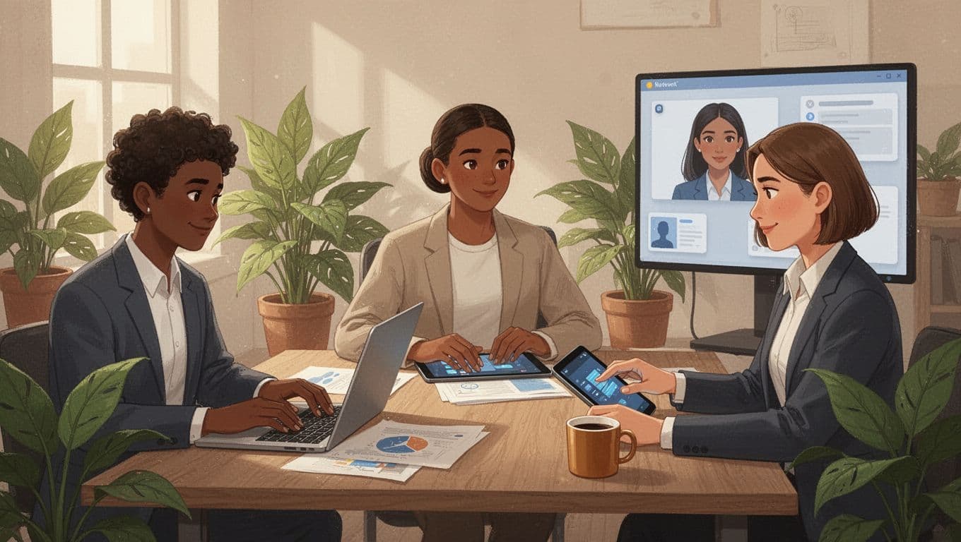 Three diverse professionals collaborate on laptop, tablet, and screen in warm office with plants and coffee mug.