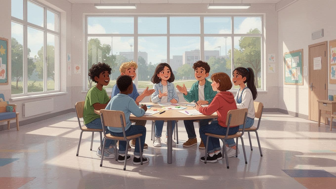 Illustration of diverse students exchanging ideas in a community space.