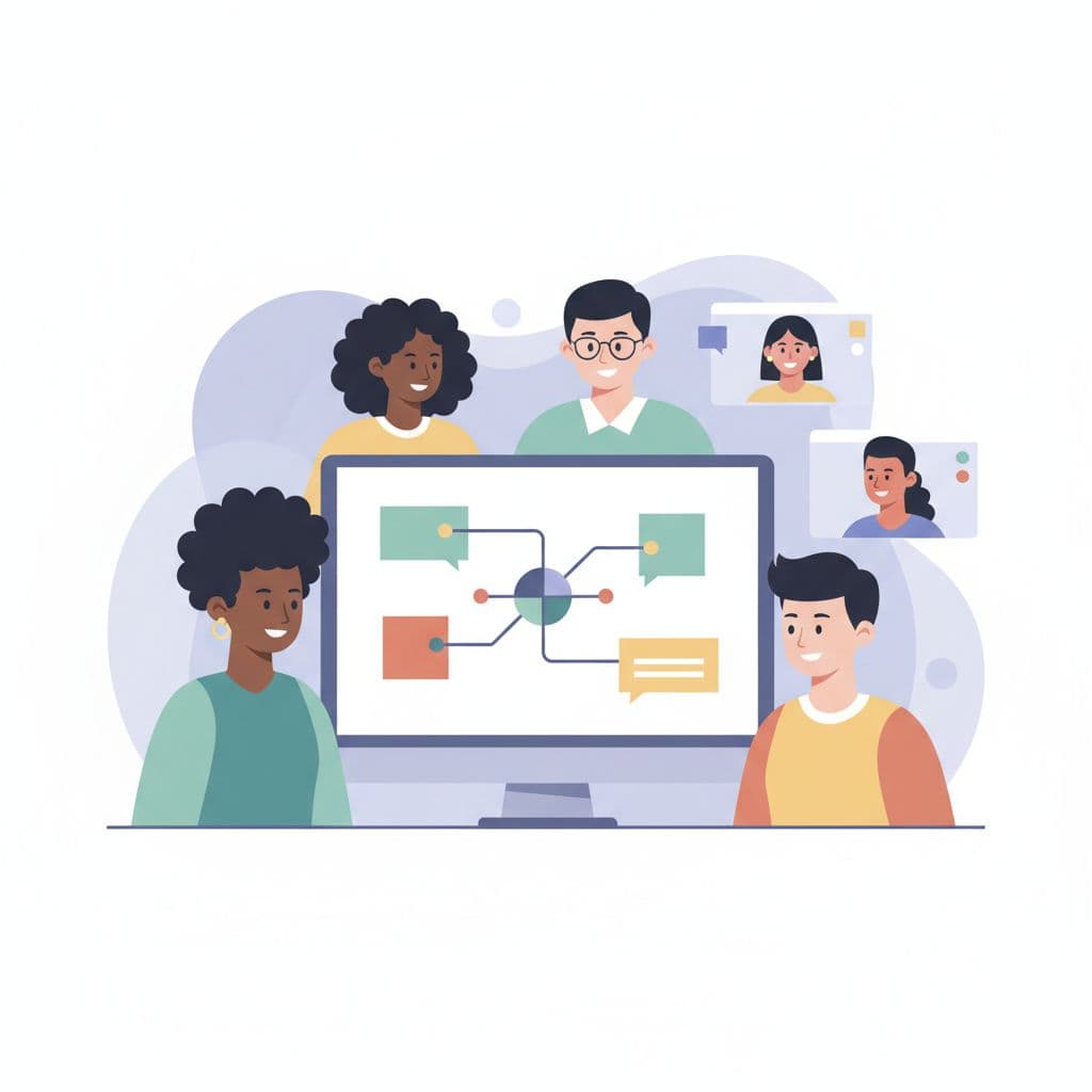 A diverse team works together on a computer screen interface using clean, minimal shapes.