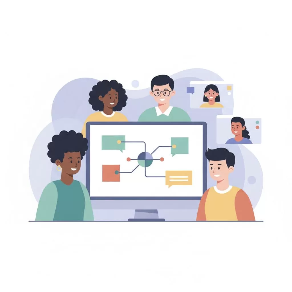 A diverse team works together on a computer screen interface using clean, minimal shapes.