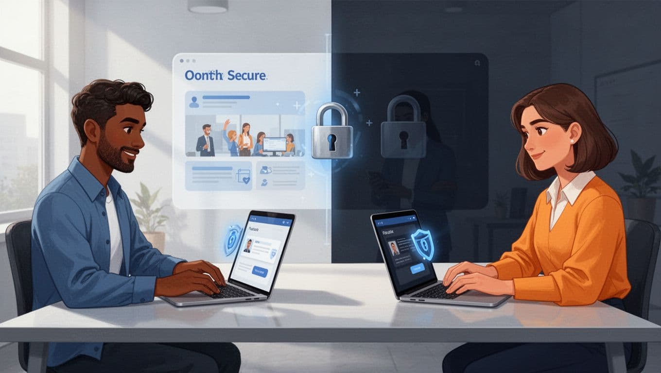 Three diverse people on phones and laptops unlock protected Notion pages behind paywall gate with key icon.