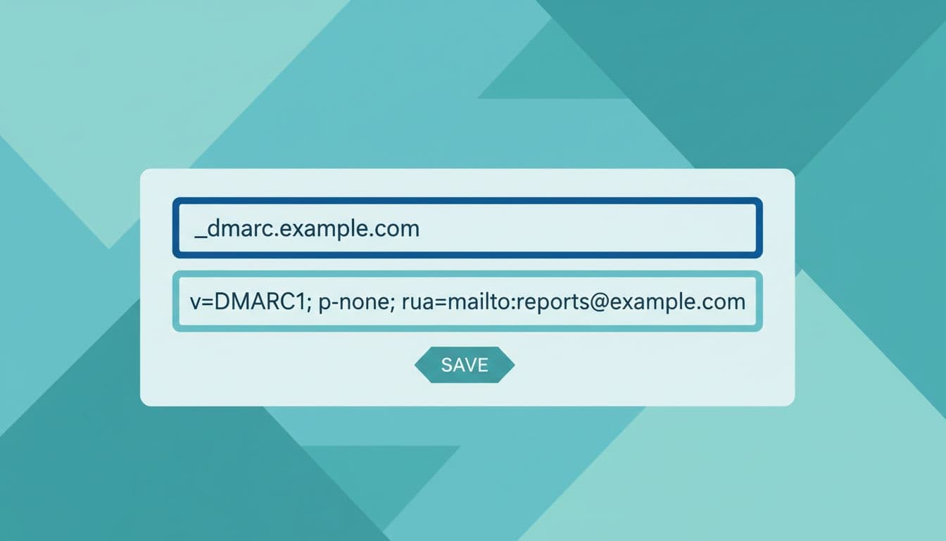 Clean blue-green illustration of DNS TXT record screen with host '_dmarc.example.com' and value 'v=DMARC1; p=none; rua=mailto:reports@example.com'.