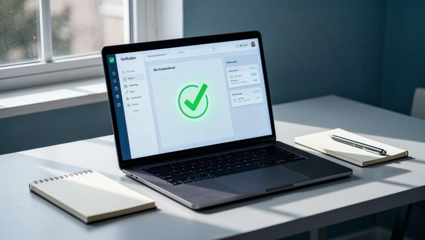 Laptop on desk shows browser dashboard with DMARC PASS status and green checkmarks.