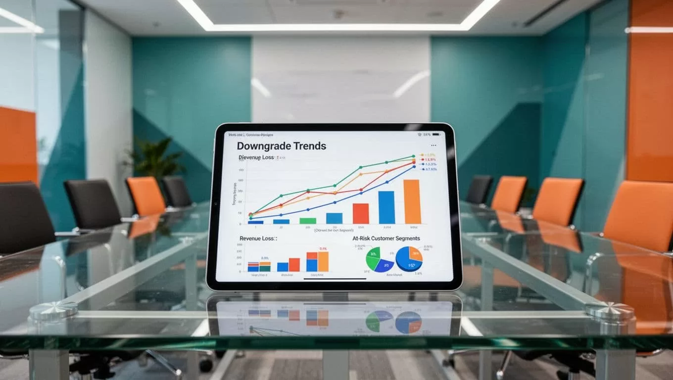 Tablet on glass conference table shows downgrade line graph, revenue loss bars, and at-risk customer segments.