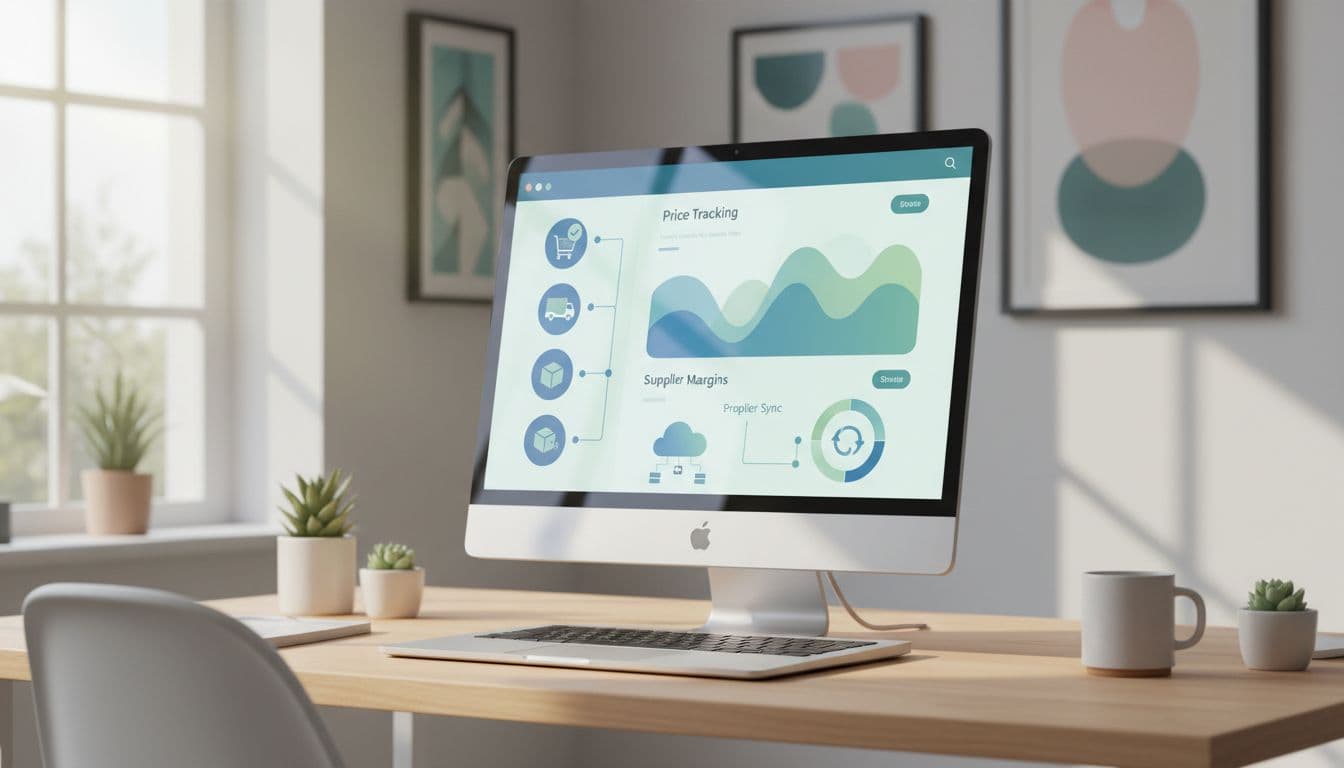 Laptop screen in home office shows dropshipping dashboard with order fulfillment icons, supplier sync, and price graphs.