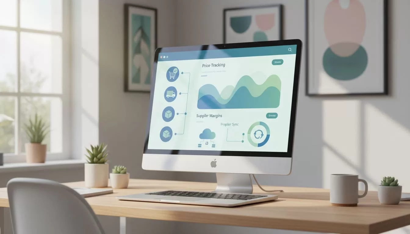 Laptop screen in home office shows dropshipping dashboard with order fulfillment icons, supplier sync, and price graphs.