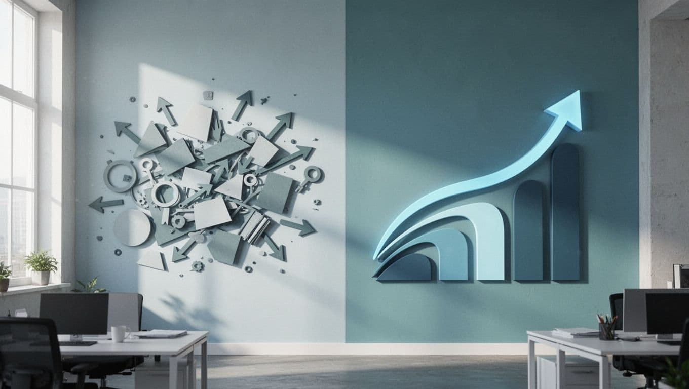 Office wall chart contrasts left manual chaos icons with right automated flow and rising sales line in blue-green tones.