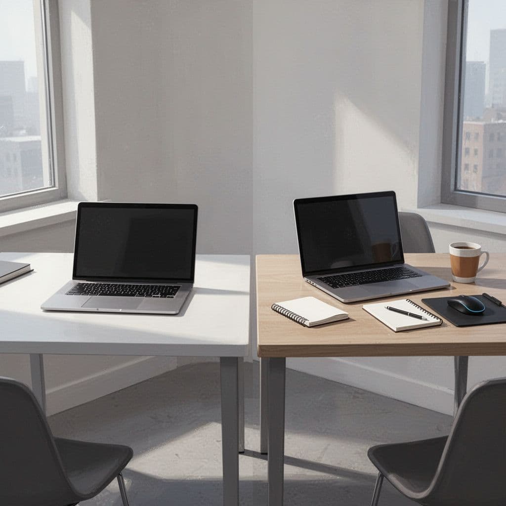 Two minimalist desk setups with laptops placed side by side to illustrate different service tiers.