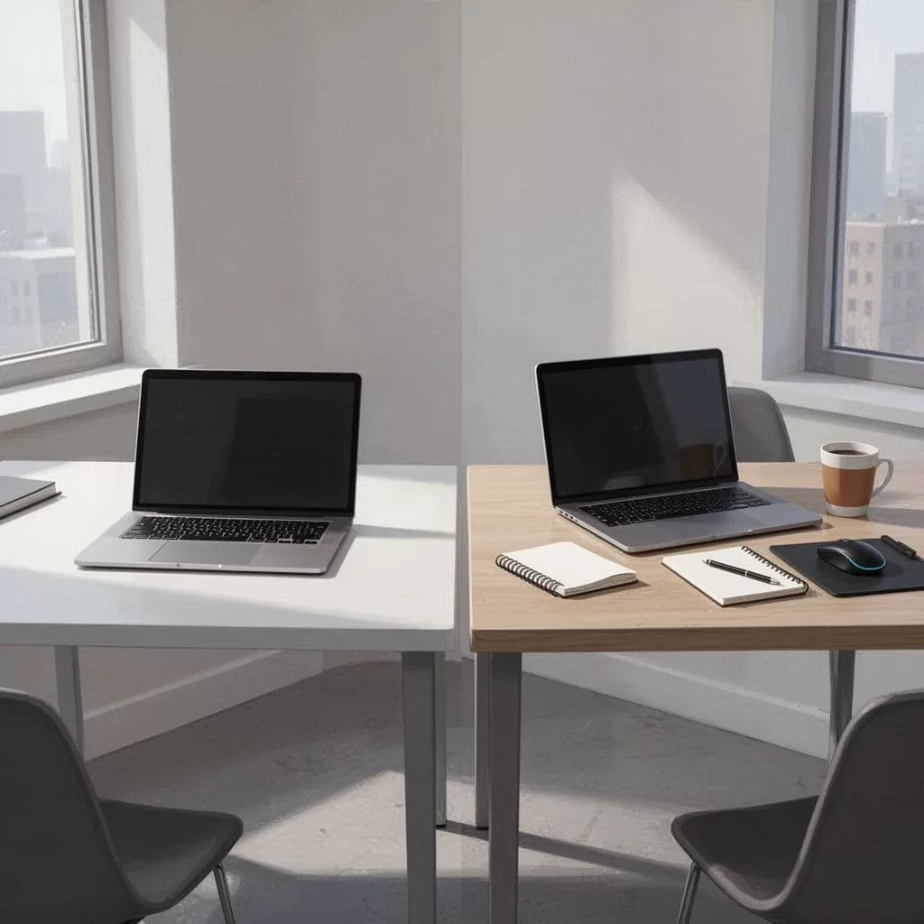 Two minimalist desk setups with laptops placed side by side to illustrate different service tiers.