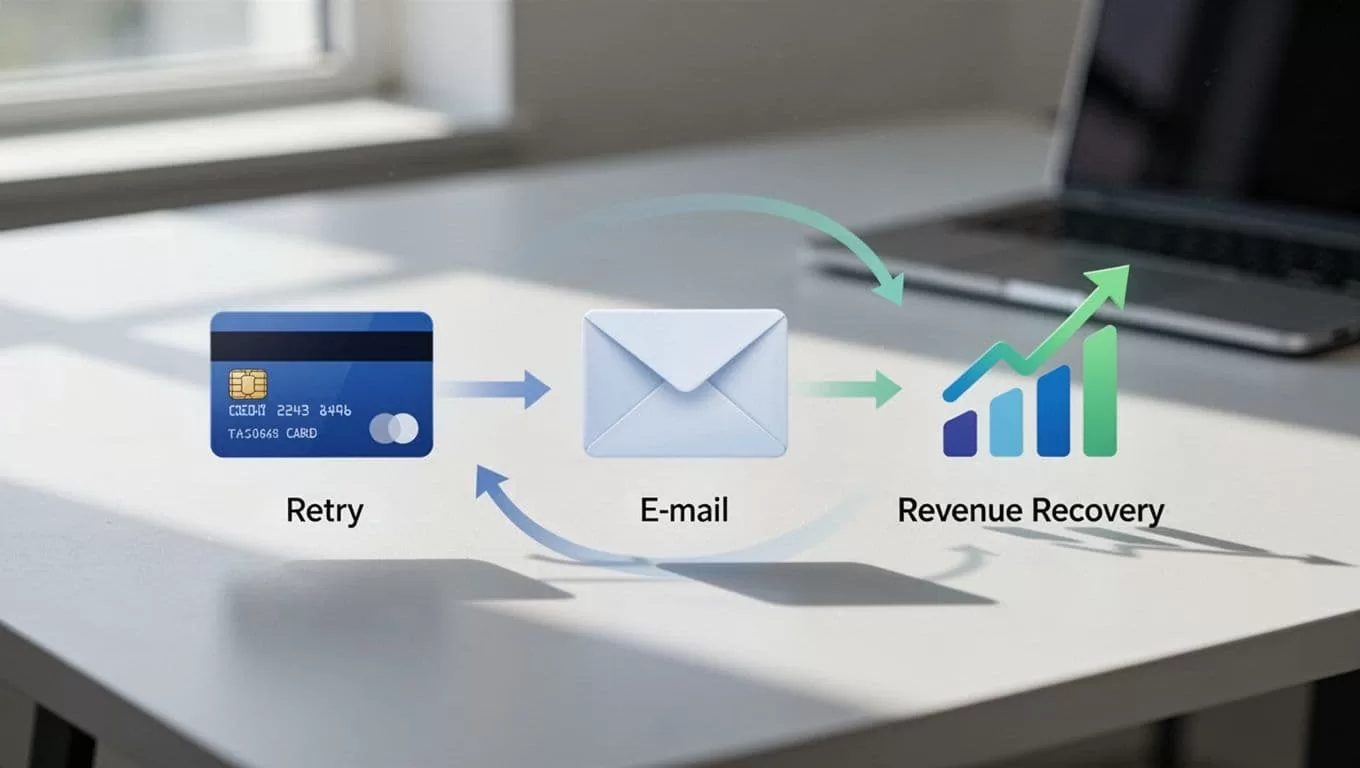 Flowchart diagram of dunning campaign with three icons for retry, email, and card update connected by arrows on light background.