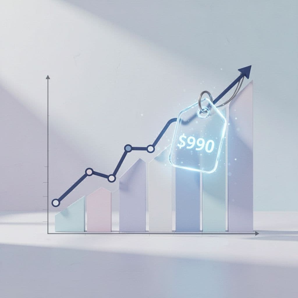 A minimalist chart shows an ascending trend line connected to a digital price tag icon.