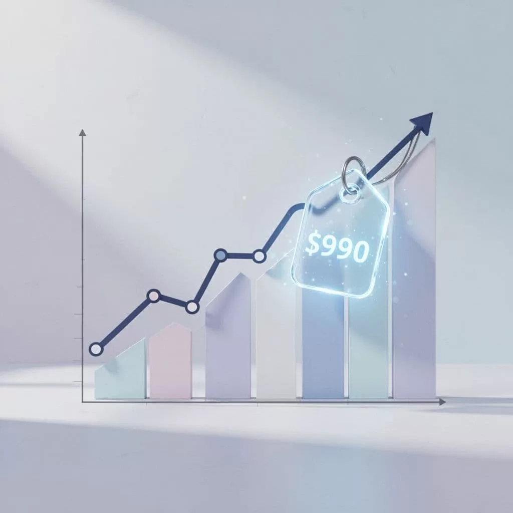 A minimalist chart shows an ascending trend line connected to a digital price tag icon.