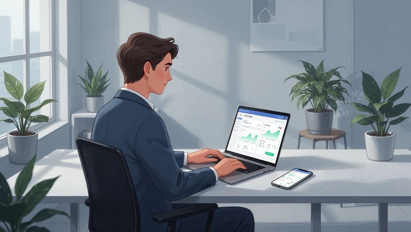 Person relaxed at modern desk with laptop showing transfer app screen, phone nearby, plants around.