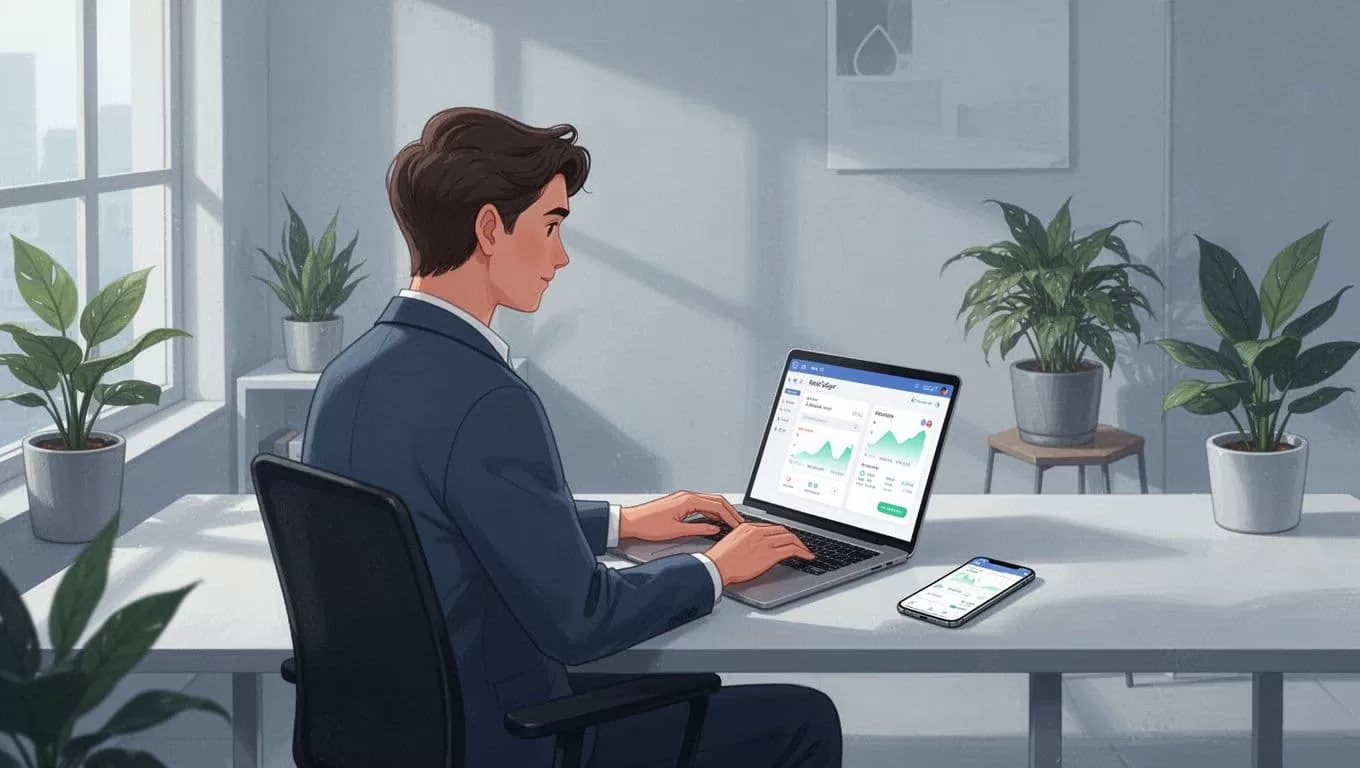 Person relaxed at modern desk with laptop showing transfer app screen, phone nearby, plants around.