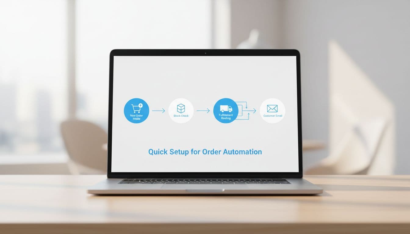 Laptop screen shows clean dashboard with icons for order intake, stock check, fulfillment routing, and customer email, connected by arrows.